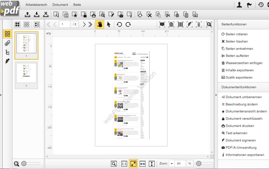 Ansicht von der webPDF-Portal Benutzeroberfläche