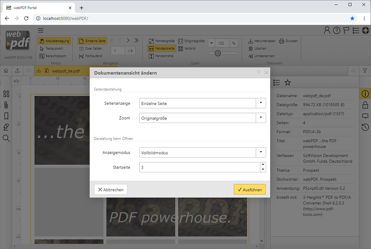 Settings for the PDF view mode
