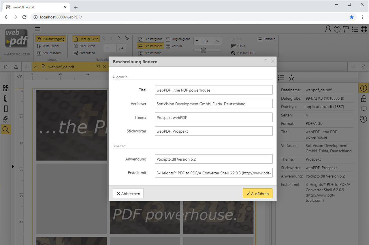 Editing the PDF metadata in the web portal